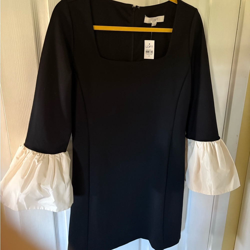 LOFT Black Dress with White Ruffle Sleeves 8